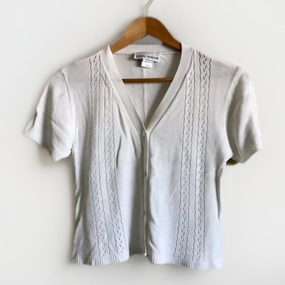 Vintage 90’s Cool Wear White Knit Short Sleeve Cardigan Size Medium - Picture 1 of 7